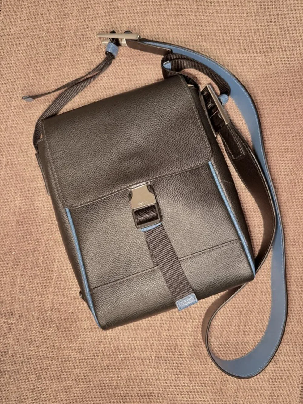 Prada Saffiano Leather Crossbody Bag — Black with Blue Trim